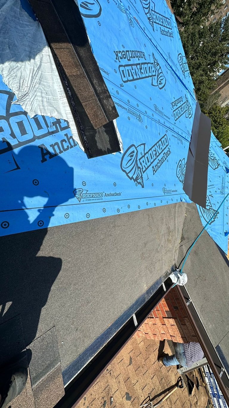 Close-up of blue house wrap and black flashing on exterior wall during construction, with brick and landscaping visible below