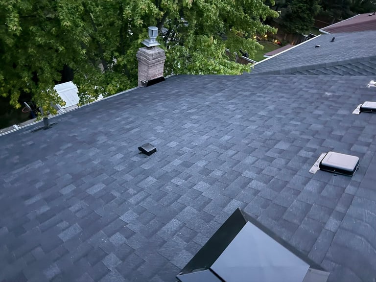 Aerial view of a dark gray asphalt shingle roof with multiple ventilation ducts, surrounded by green trees and adjacent roofline