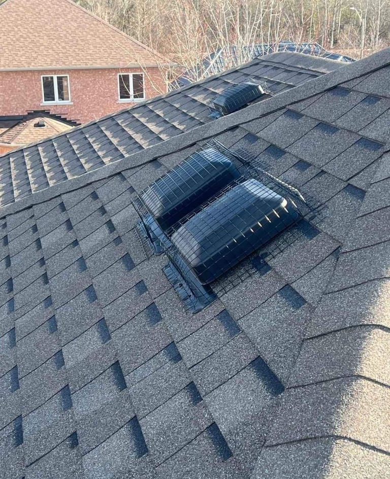 Black solar tubes installed on dark shingle roof with brick house and trees in background