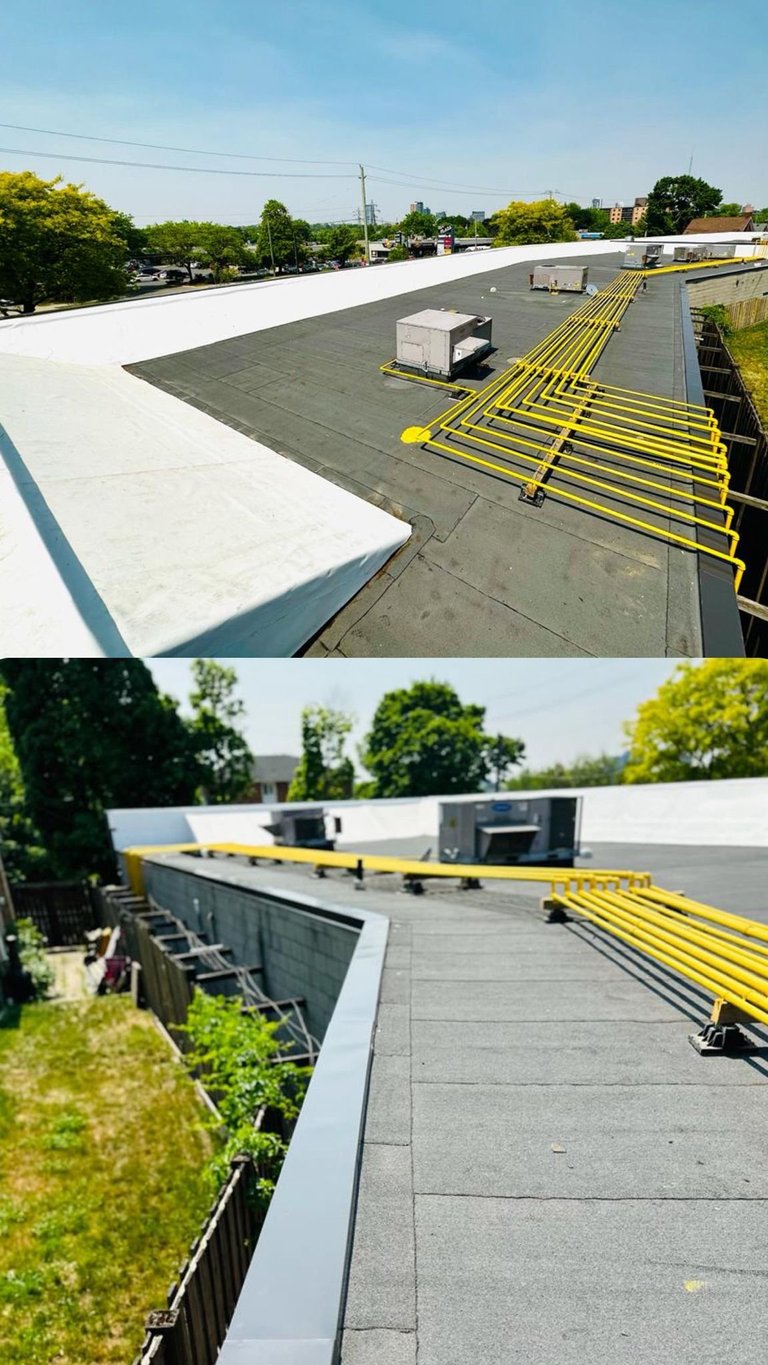 Commercial flat roof with white membrane, HVAC unit, and yellow safety railings in two views